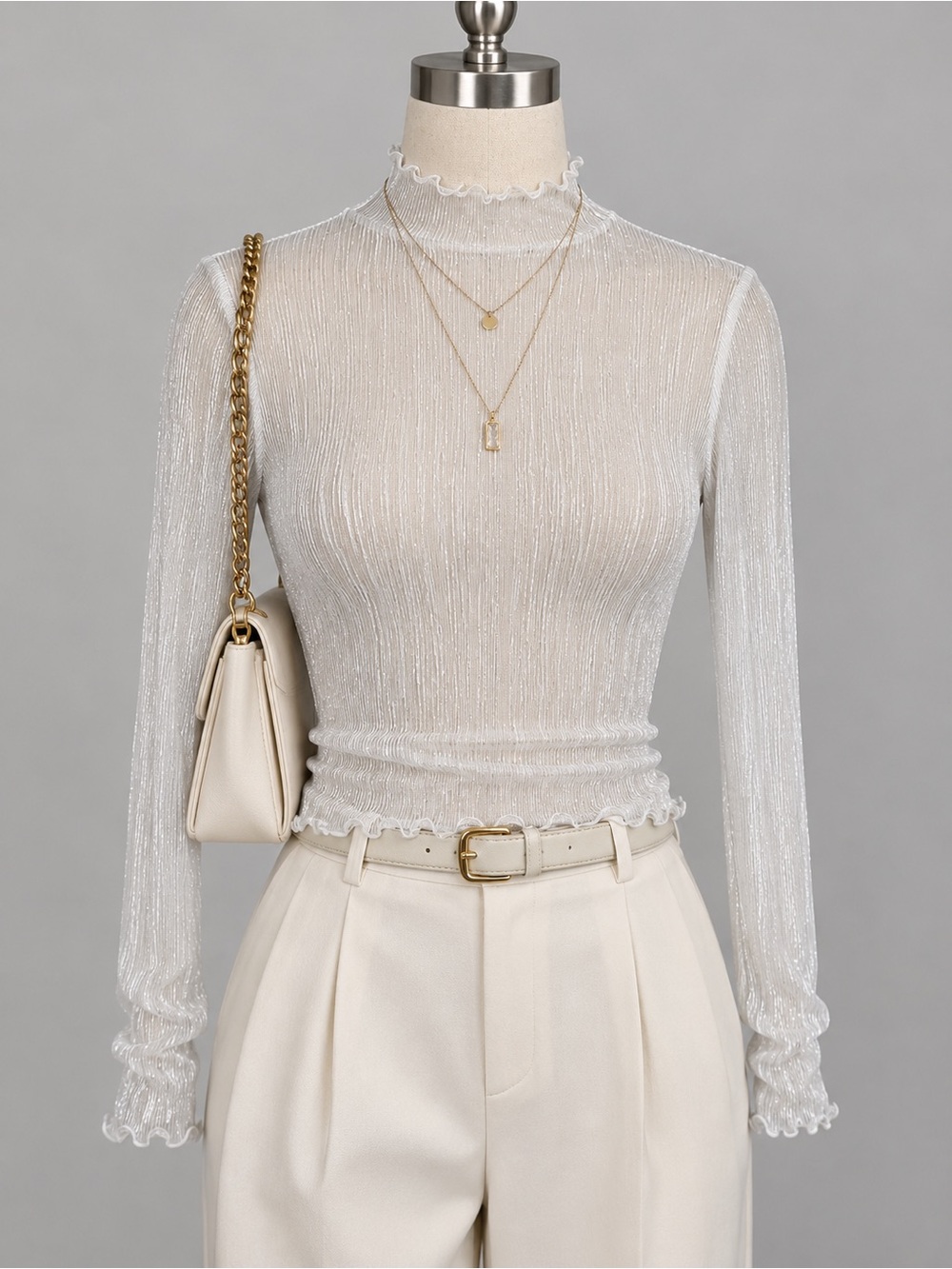 Sheer Sparkly Ruffle-Neck Long Sleeve Top - Cream